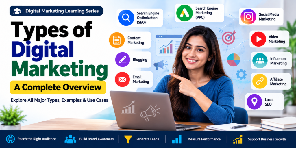 Types of digital marketing including SEO PPC social media and content marketing